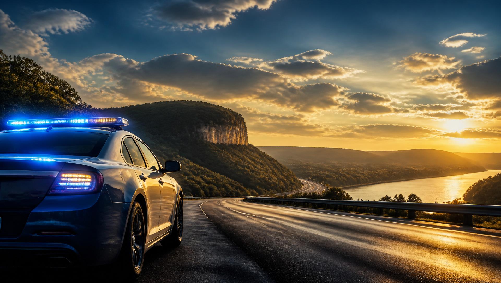 Police cruiser on Kentucky highway at sunset
